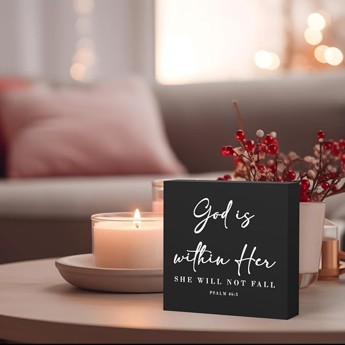 God Is Within Her Bible Verse Artwork Black Wood Box Sign Rustic Farmhouse Style Psalm 46 : 5 Christian Wood Block Plaque 5 X 5 Inches Home Office Desk Sign Decor for Presents