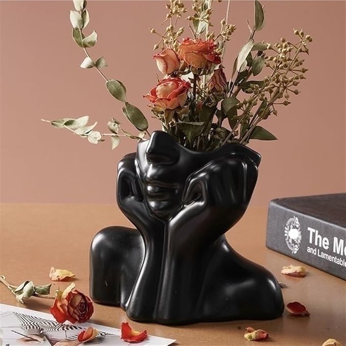 Face Vase – Small Human Body Art Vase in Resin,Women’s Head Shape for Flowers, Makeup Organizer & Desk Decor (Black)