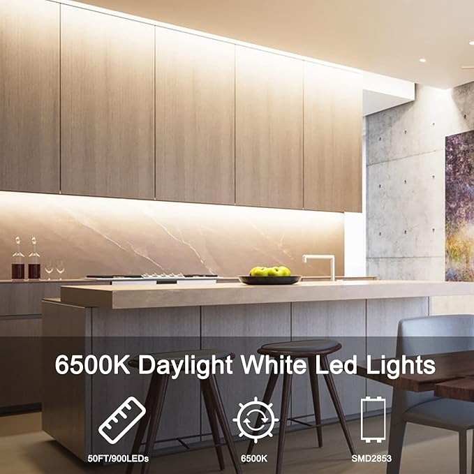 VOLIVO White LED Strip Lights, 50ft Dimmable 24V LED Lights 6500K Bright Daylight White, Strong Adhesive, Flexible Tape Light for Mirror, Kitchen Cabinets, Bedroom