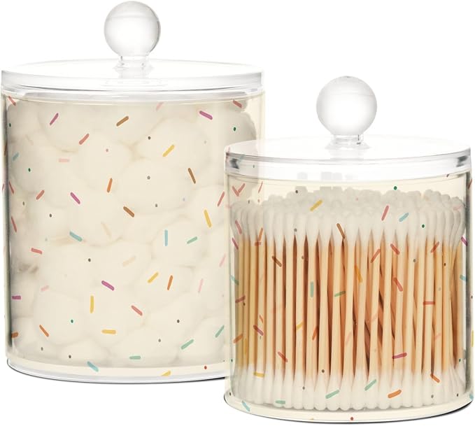 A Simplepastel Illustration Of Small Sprinkles Scattered Clear Plastic Makeup Organizer Storage with lid Dresser Essentials Decorative Dental floss storage jar for Cotton Swabs,Cotton