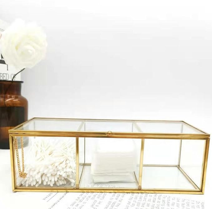 Gold Jewelry Box Gold Makeup Organizer, 3 Compartment Transparent Glass Box, 9.1x3.5x2.8 Inch Jewelry with Lid for Dresser Desktop