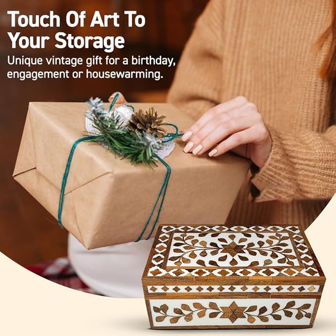 Perilla Home Home Decor Decorative Storage Wooden Box Small Floral Organizer Tool Stash Card Craft Treasure Trinket Memory Keepsake Jewelry Box for Men and Women, Gifts For All, Brown and Off White