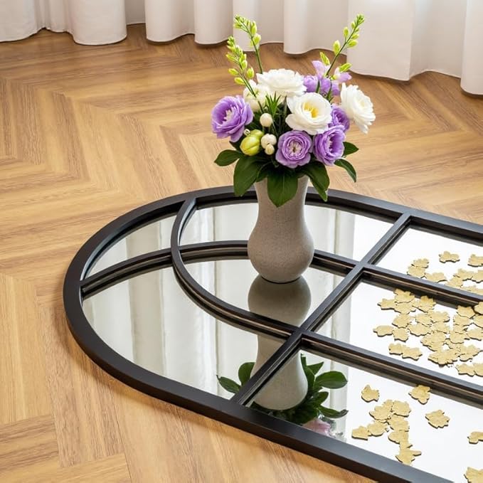 Rowjut Black Arched Wall Mirror 56“ x 22”,Wall Decorative & Window Mirror with Iron Framed Window Pane Inspiration, Ideal for Foyer, Living Room, Bedroom & Fireplace to Create a Cozy Home!