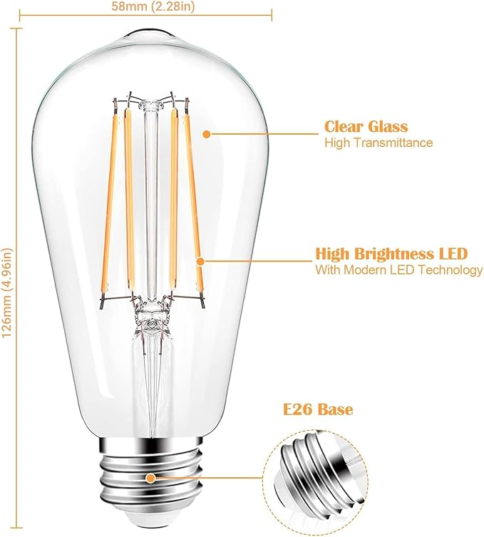 PARTPHONER LED Light Bulbs Dimmable Vintage Edison Bulb, E26 LED Bulb 60W Equivalent 720 Lumens, Warm White 2700K, ST58 Antique LED Filament Bulb CRI 85+, Clear Glass, Pack of 12
