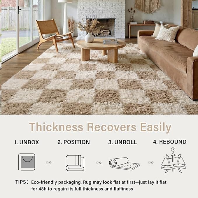 PureCozy Checkered Rug 5x7 for Living Room, Modern Neutral Shag Rug Super Soft Washable Indoor Fuzzy Carpet Non-Slip Fluffy Rugs for Bedroom Home Aesthetic Decor