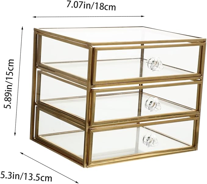 3-Tier Drawer Jewelry Storage Box Glass Organizer Alloy Frame for Necklaces Bracelets Earrings and Cosmetics for Home or Travel