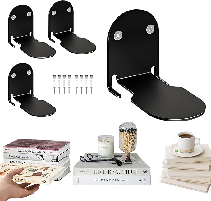 4-Pack Invisible Floating Bookshelves,Floating Book Shelf for Wall,Steel Hidden Bookshelf Hanging Shelves for Bedroom Living Room Office Study Room Decor,Drilling Mounted Bookshelves,Book Organizers