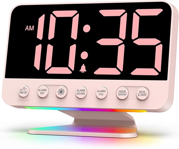 Odokee Digital Alarm Clocks for Bedrooms: Large Bold Number 5 Brightness Dimmer - Easy to Read Across The Room - 5 Alarm Sound 8 Night Light - Sakura Pink