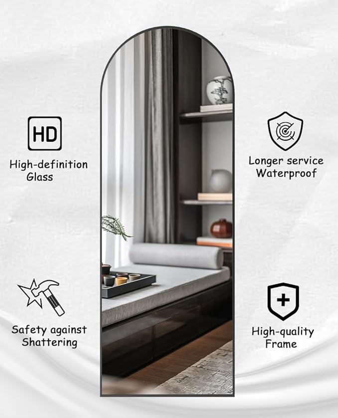Rowjut 64"x21"Floor Mirror Arched Full Length Mirros, Mirror Floor Length Standing Hanging or Leaning & Large Full Body & Wall Mirror for Bedroom, Living Room, Aluminum Frame, Black