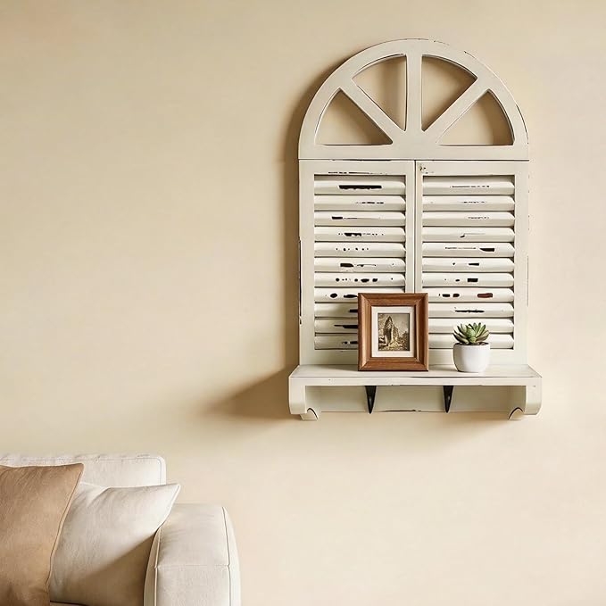 Rustic Arched Window Floating Shelf with 2 Key Hooks - Distressed White Farmhouse Wood Decor, Wall Mounted Storage Organizer for Entryway, Bathroom, Kitchen, Home Decor