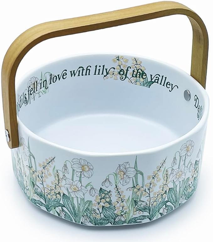 Ceramic Fruit Basket with Detachable Wooden Handle Candy Dish Decorations Ornaments Decorative Bowl Home Kitchen & Dining Table Office Decor(Yellow Bellflower)