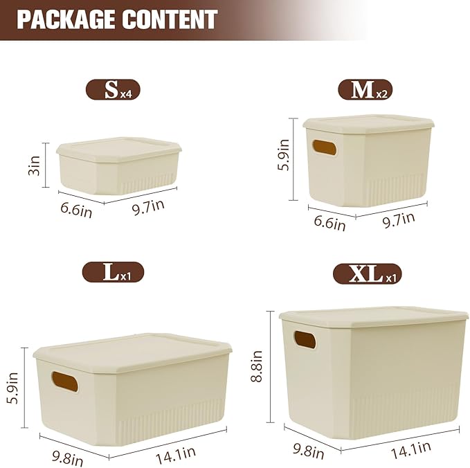 ANMINY 8PCS Plastic Storage Bins Containers with Lids, Large Storage Organization Bins Boxes, Lidded Plastic Storage Baskets for Closet Shelves Desktop, Ivory Lids, 1XL + 1L + 2M + 4S