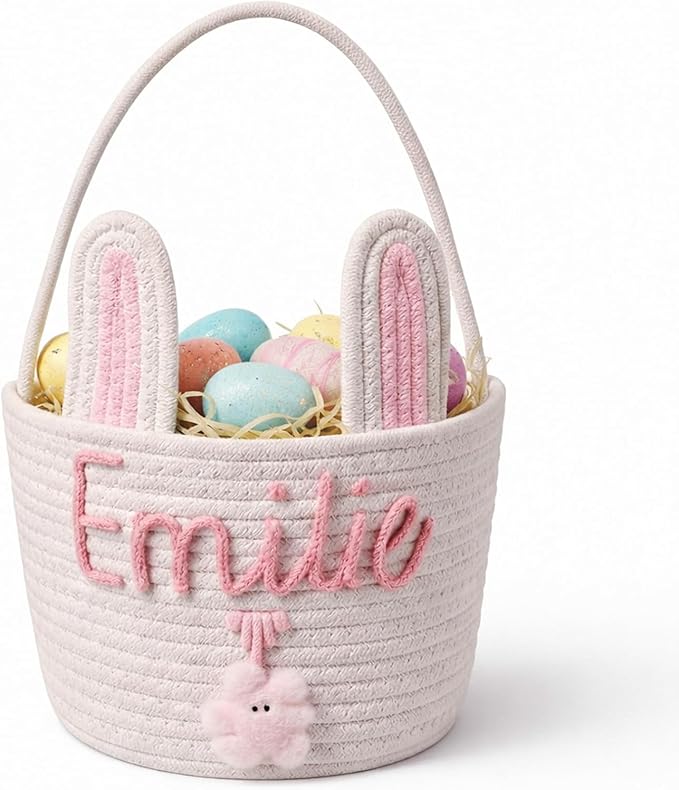 JUPPE Personzlized Easter Bunny Basket with Kids Name, Custom Easter Storage Organizer Basket Cotton Rope Nursery Decor Easter Gift (Easter Bunny)