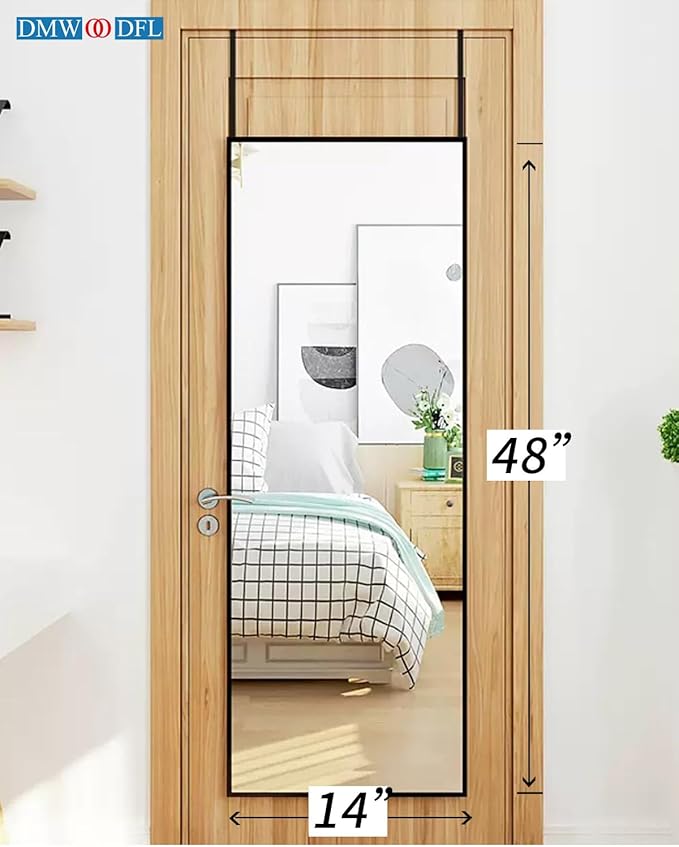 DMWOODFL 48"x14" Over The Door Full Length Mirror - Wall Mounted or Hanging with 2 Metal Hooks, Space-Saving Black Mirror for Bedroom, Bathroom, Living Room Decor