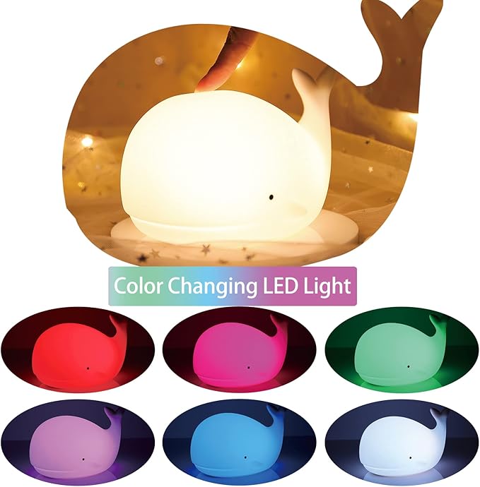 ZKLiLi Night Light for Kids Lamp, 16 Colors Lamp Cute, Dimmable Baby Night Lights for Nursery,Silicone Rechargeable Nightlight for Kids Room, Kawaii Room Decor (Whale)