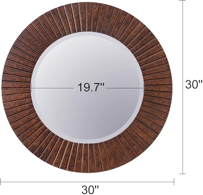 Chende 30'' Round Mirror with Wood Frame, Large Decorative Mirror for Wall, Farmhouse Bathroom Mirror with Bronze Groove Finish for Living Room, Entryway, Bedroom