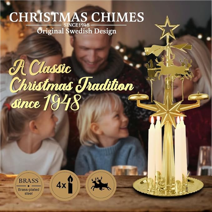 Original Swedish Christmas Chimes, Santa, Carousel and 4 Candles – Scandinavian Spinning Festive Chimes for Christmas, Best Memorial Gift Since 1948, Home Decorations - Brass