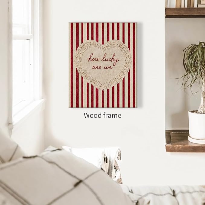 How Lucky Are We Wall Art Red Stripe Affirmation Quotes Poster Coquette Love Lace Heart Canvas Print Fashion Preppy Aesthetic Wall Decor Valentines Day Couple Gift 16X20 inch Wood Framed