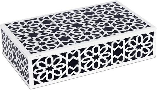 Handicrafts Home Small Decorative Storage Box with Lid, Black White Persian Tile Keepsake Box, Moorish Rosette Trinket Box for Jewelry, Desk Organizer & Coffee Table Decor, Shiraz 8 x 5 x 2