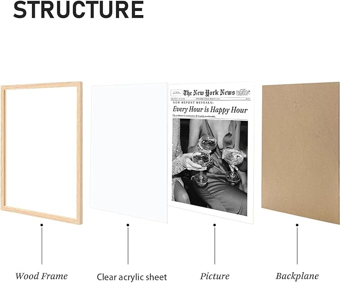 Bwodke OAK Wood Framed Wall Art Every Hour Is Happy Hour Canvas Art Vintage Newspaper Pictures Wall Decor News Prints Trendy Artwork for Girly Dorm Bedroom 12"x16"