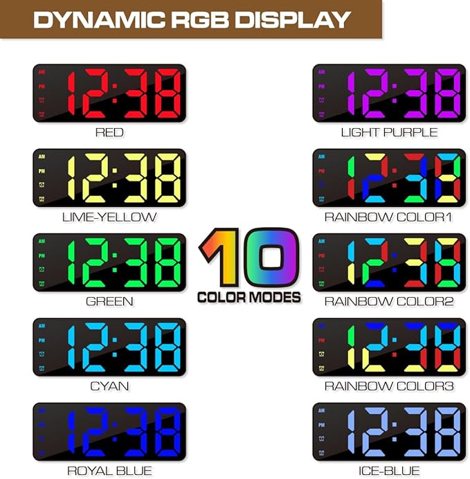 Digital Alarm Clock, Mirror Surface LED Electronic Clocks Large Display, Adjustable Brightness, Dual Power Supply, Snooze Model for Bedroom, Desk, Office (White Case + Dynamic Digit)