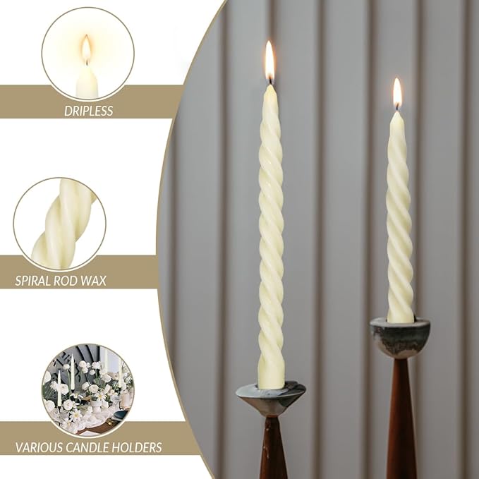 Natural Beeswax Spiral Taper Candles Pack of 6, Organic Dripless Long Candle Sticks for Dinner Wedding Party Christmas Home Decorations - 10 Inch Tall - Off White