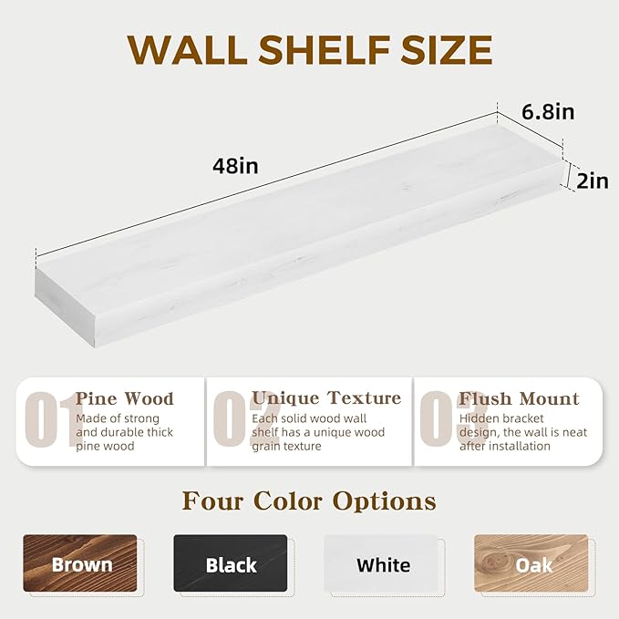48x6.8x2in Floating Shelf – Natural White Solid Wood Rustic Mounted Shelf – Heavy Duty Decorative Storage for Living Room, Kitchen, Bathroom, Bedroom