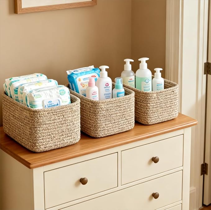 R RUNKA Small Cotton Rope Basket – Storage Bin for Organizing (10.6" x 6.7" x 6.7"), Bathroom Storage Basket for Shelf, Counter & Closet（Beige）