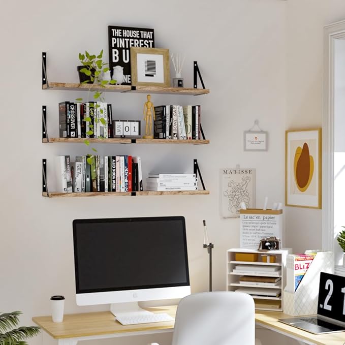 Floating Book Shelves Set of 3, Wall Bookshelf, 33 inch Long Wood Shelf for Wall Storage, Hanging Shelving for Bedroom, Bathroom, Living Room, Kitchen, Office and Plants (Light Brown)