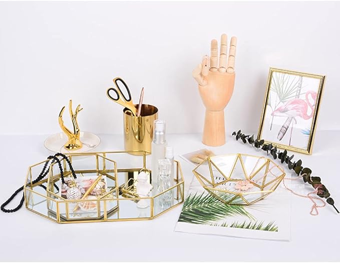Octagon Vintage Gold Mirror Glass Vanity Tray,Ornate Geometric and Brass Plated Display Storage Organizer for Makeup Brushes/Lipstick/Skincare/Perfumes/Beauty Room/Bathroom Accessories