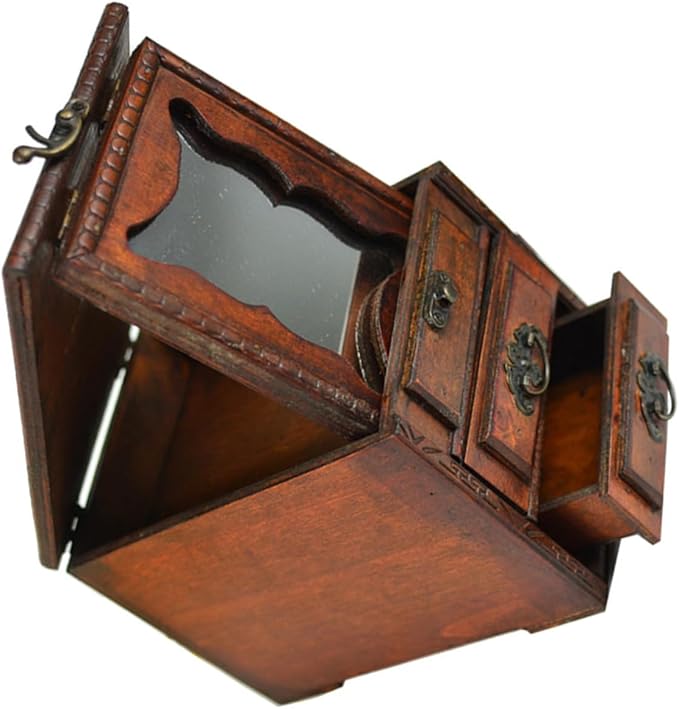 Cabilock Chinese Style Wooden Jewelry Box with Mirror Dust Jewelry Storage Holder for Rings Necklaces Earrings Practical Makeup Organizer Elegant Women