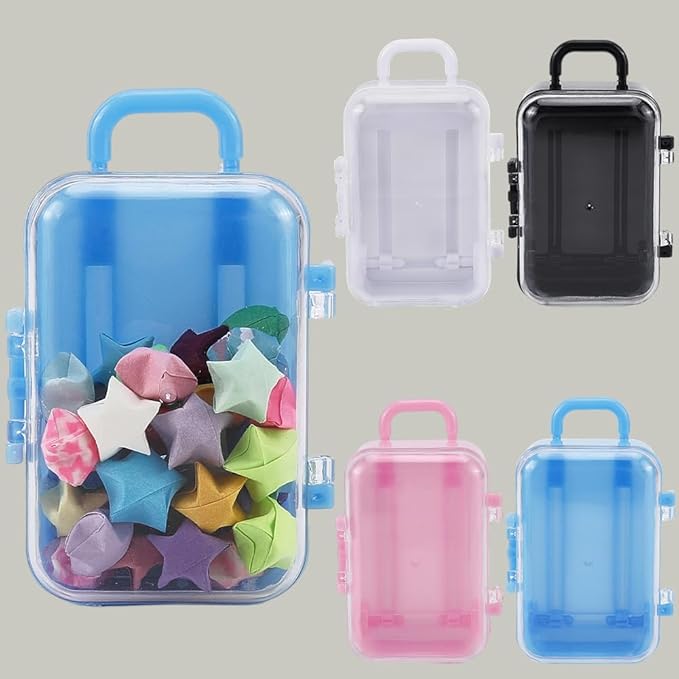 4Pcs 4 Colors Mini Suitcase Candy Box Small Eyelash Storage Box Tiny Colorful Plastic Empty Luggage Trolley Bag Gift Organizer Holder Case for Eyelashes Candy Makeup False Lash Travel Tool