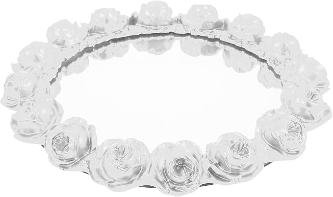 Cabilock Pearl White Rose Mirror Edge Decorative Tray, Resin Jewelry Organizer and Perfume Vanity Tray for Home Décor and Makeup Storage