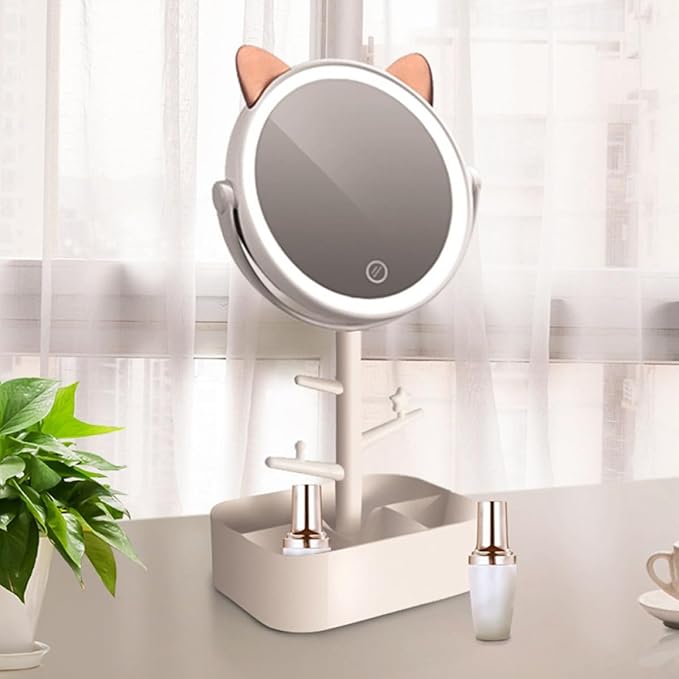 GANAZONO LED Makeup Mirror with Storage Case Smart Dimming 360° Swivel Vanity Mirror Rechargeable with Creative Cat Organizer for Makeup and Dressing Table