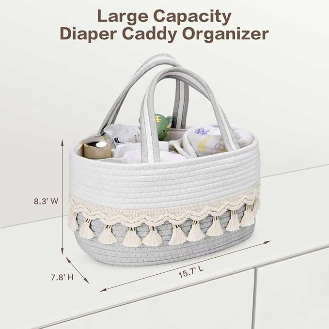 Diaper Caddy Organizer, Stylish Nursery Storage Basket, Baby Shower Basket with Tassel Decorative Appearance, Portable Storage Basket Suitable for Family and Car Travel (Grey)