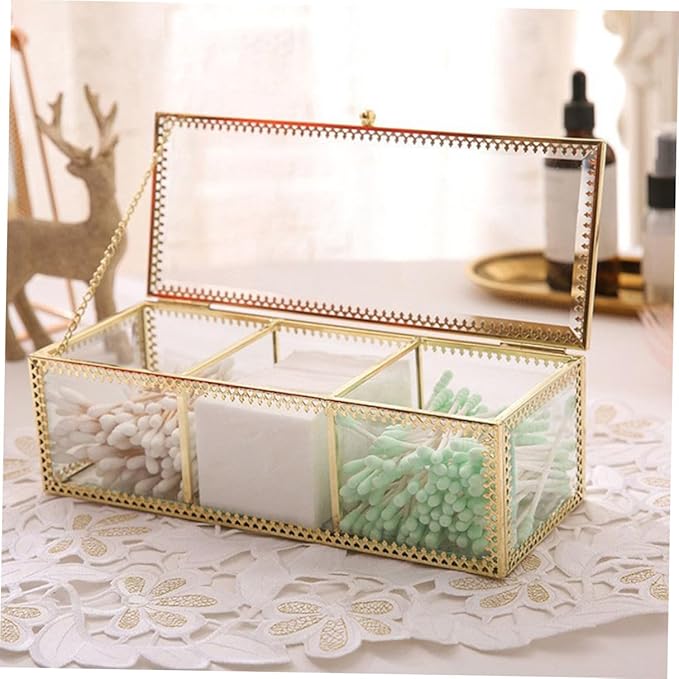 FRCOLOR Jewelry Organizer Box with Glass Lid and Gold Metal Frame Compartment Makeup Organizer Case for Rings Earrings Necklaces Dustproof Decorative Storage for Vanity Desk and Bathroom