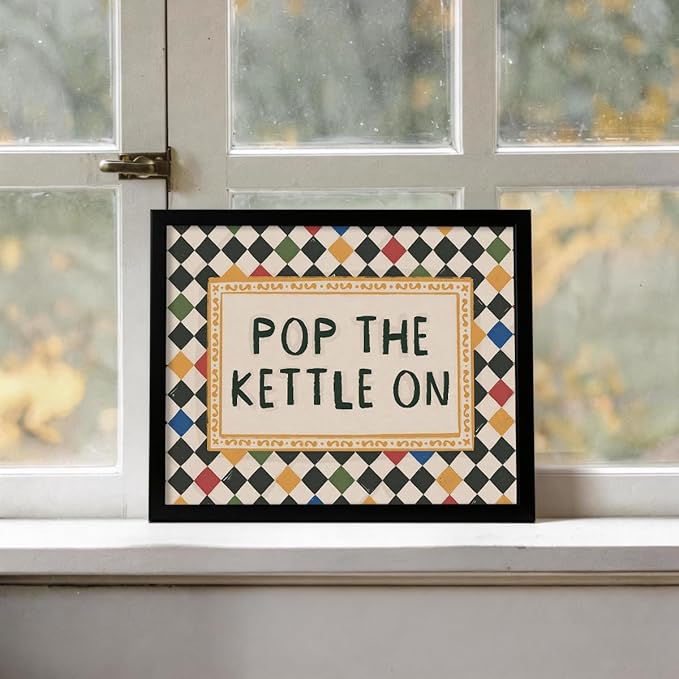Modern Colorful Eclectic Wall Art Pop The Kettle On Minimalist Quote Poster Vintage Aesthetic Canvas Prints for Living Room Kitchen Gallery Wall Decor 12X16 inch Aluminum Framed