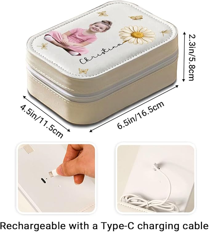 Wrappiness Women & Girls Floral Makeup Box With LED Mirror - Custom Photo Jewelry Organizer Gift for Daughters Sisters on Birthday Christmas Personalized Birthmonth Flower