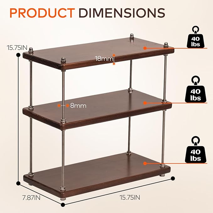 Solid Wood Coffee Station Organizer & Spice Rack for Kitchen Countertop, Corner 3 Tier Industrial Heavy-duty Adjustable Shelf with 304 Thread Rod for Coffee Bar Accessories, Walnut Finish