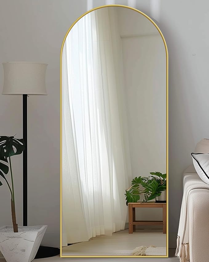 Antok Full Length Mirror, 21"x58" Floor Mirror with Stand, Hanging Mounted Mirrors for Bedroom, Living Room, Cloakroom, Dining Room, Gold, Arched