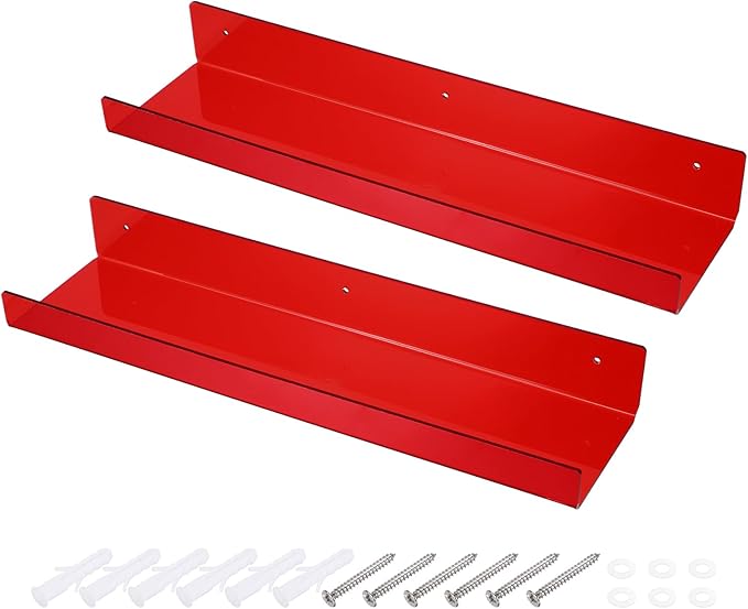 MECCANIXITY 2 Pack Acrylic Shelves for Wall, 15 Inch Red Floating Shelves Wall Mount Display Shelf Organizer for Bathroom, Bedroom, Living Room, Room Decor