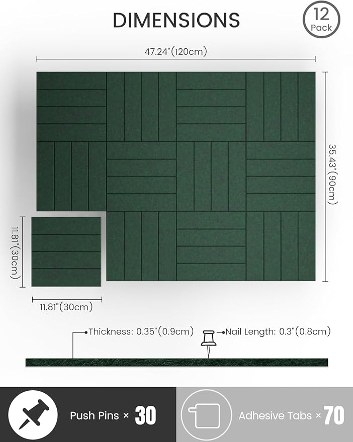 Bumusty Large Cork Board Alternative-48 x 36" Felt Bulletin Board Tiles, with 30 Pushpins, 70 Adhesive Tabs, Bold-Stripe 12-Pack, Cork Boards for Office Push Pin Board Felt Board-Pine Green