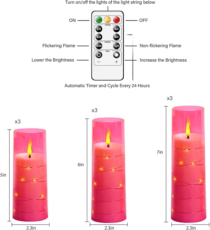 Nimiko Flickering Flameless LED Candles,Battery Operated Candles 9 Pcs with Embedded Star String,Acrylic LED Pillar Candles with Remote,Suitable for Home Decoration to Create an Atmosphere (Pink)