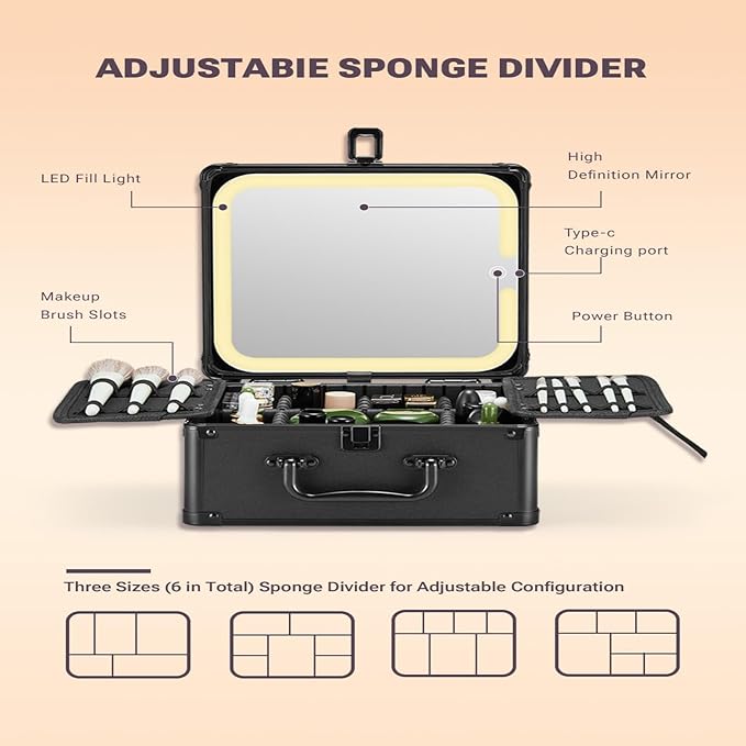 Makeup Box with Detachable Lighted Mirror, Cosmetic Organizer，travel makeup mirror