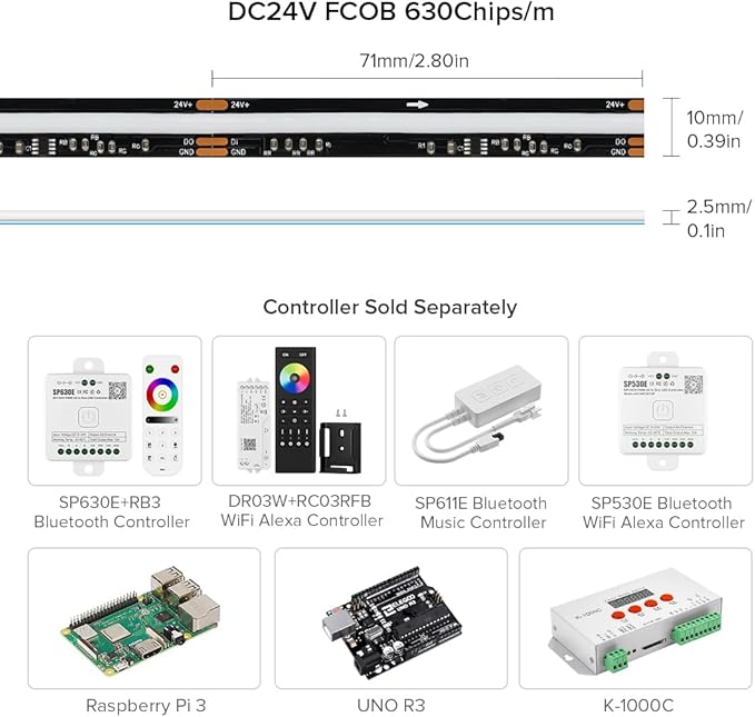 BTF-LIGHTING FCOB WS2811 IC RGB COB LED Strip DC24V 630LED/m Flexible High Density Uniform Chasing Color Light 2X16.4FT Total 32.8FT 14IC/m 10mm Width Black PCB(No Adapter or Controller)