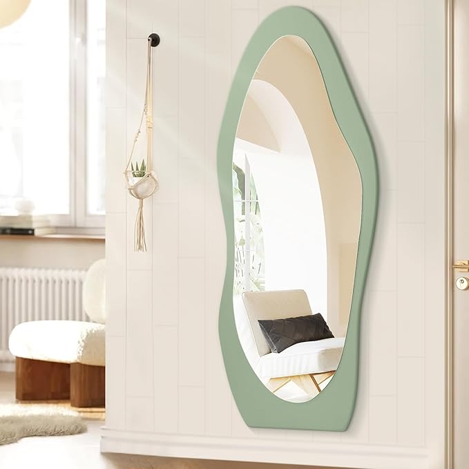Full Length Mirrors Large Irregular Wavy Mirror Wood Full Body Standing or Wall Mounted Mirror for Living Room Bathroom Bedroom Entryway Decor