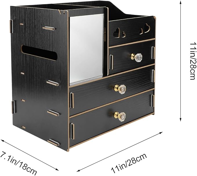 Cabilock Wooden Desk Cosmetic Organizer Rustic Makeup Storage Box with Drawer Mirror Countertop Makeup Case for Stationery Office Bathroom Dressing Table Black