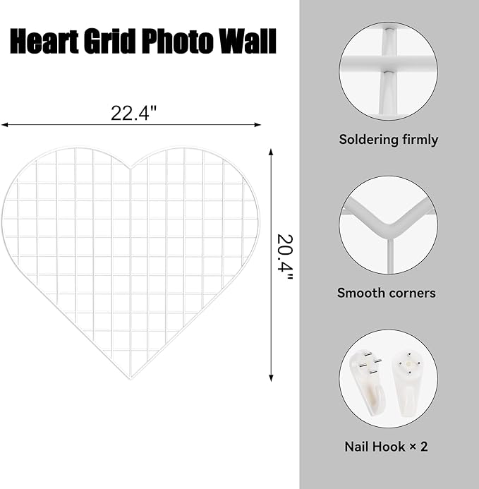 ECLENYES Grid Photo Wall Panels - 22.4"x20.4" Heart Shape Iron Rack Art Wire Board, Wall Grid Organizer, DIY Photo Frame for Home, Office, Kitchen, Bedroom, Christmas Gifts - White