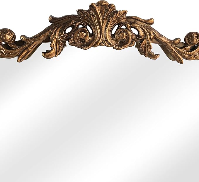 HQiJun Antique Gold Arched Baroque Mirror 24x36 - Brass Finish Metal Frame, Intricately Carved Vertical Wall Mirror for Entryway, Living Room, Bathroom Vanity & Dining Room