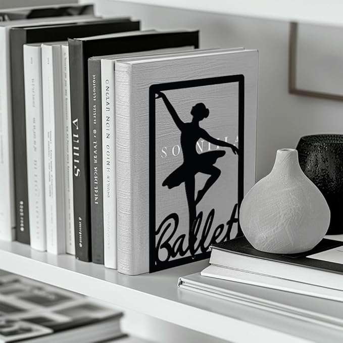 Peacoblue Metal Bookends for Shelves, Modern Decorative Heavy Duty Study Book Support Stoppers for Office, Desk, Shelf, Room 5.3"x4.3"x7.9" Cast Iron Simple Tall Bookends, 1 Pair (Ballerina)
